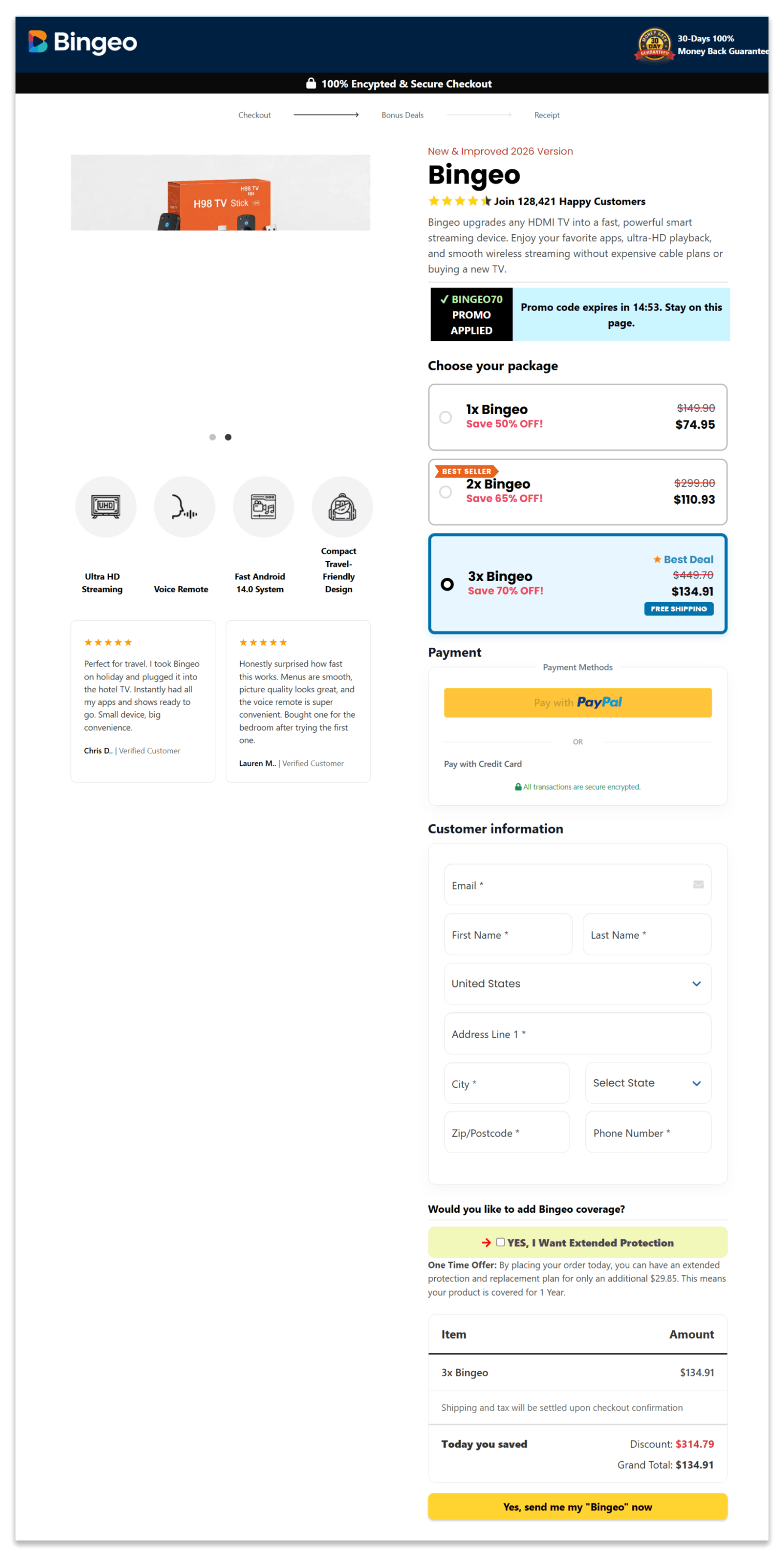 Bingeo secure checkout page